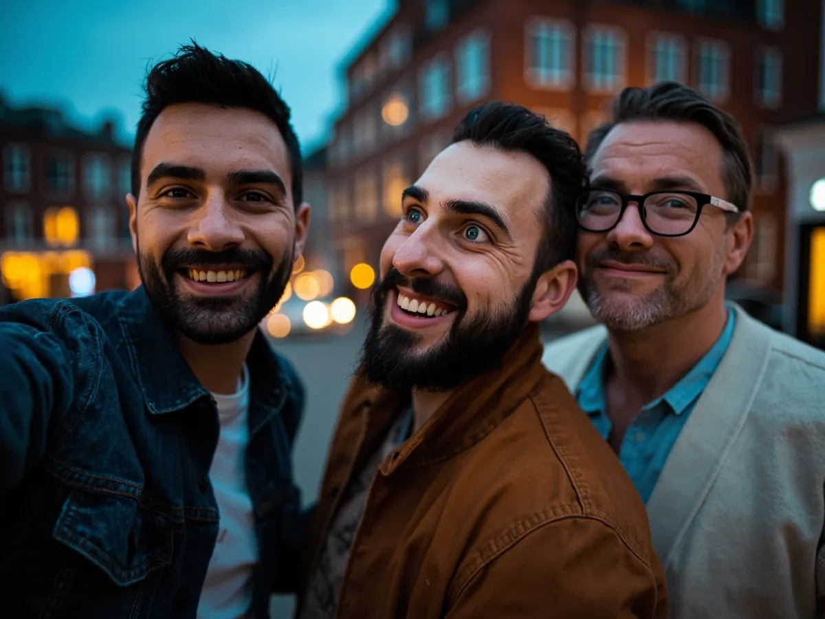 Computer-generated image: three friends laughing together in a group photo on a quest day out
