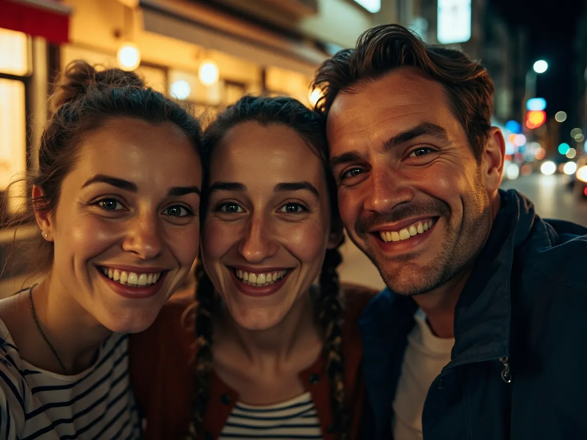Computer-generated image: three friends laughing together in a group photo on a quest day out