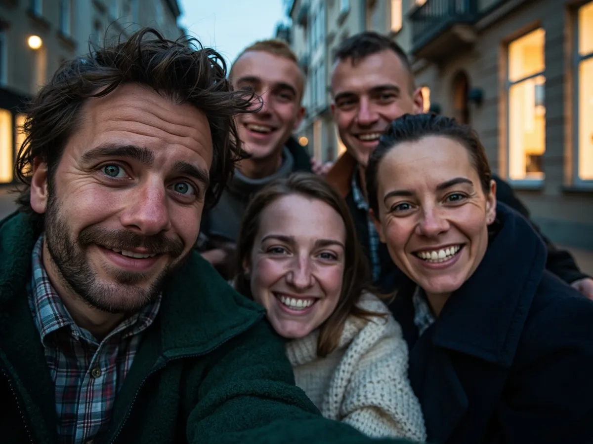 Computer-generated image: four friends laughing together in a group photo on a quest day out