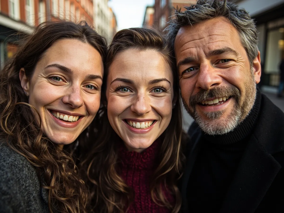 Computer-generated image: three friends laughing together in a group photo on a quest day out