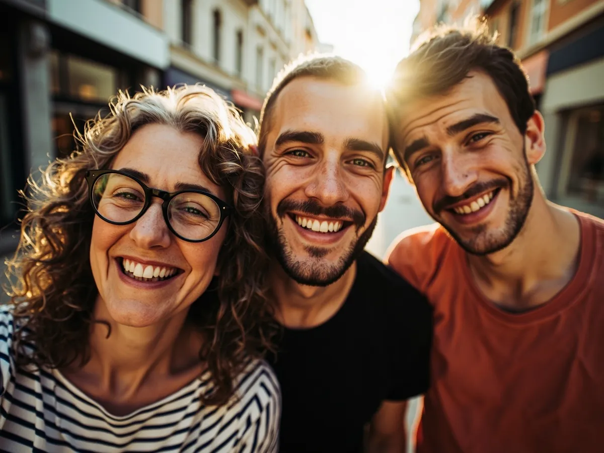 Computer-generated image: three friends laughing together in a group photo on a quest day out