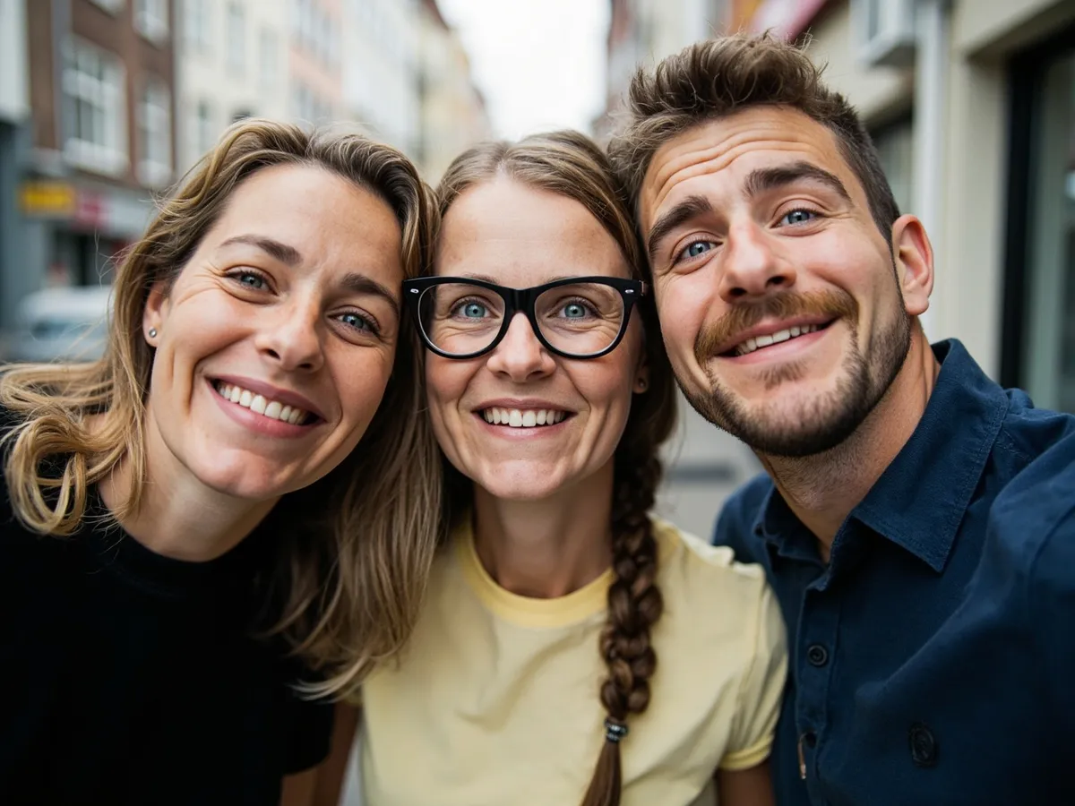 Computer-generated image: three friends laughing together in a group photo on a quest day out