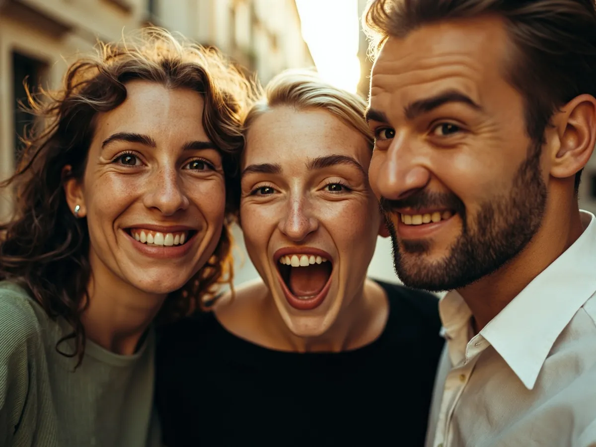Computer-generated image: three friends laughing together in a group photo on a quest day out