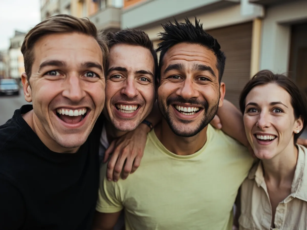 Computer-generated image: four friends laughing together in a group photo on a quest day out