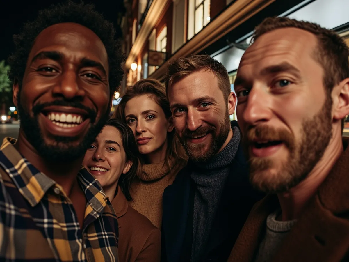 Computer-generated image: four friends laughing together in a group photo on a quest day out