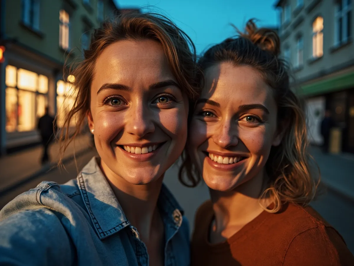 Computer-generated image: two friends laughing together in a group photo on a quest day out