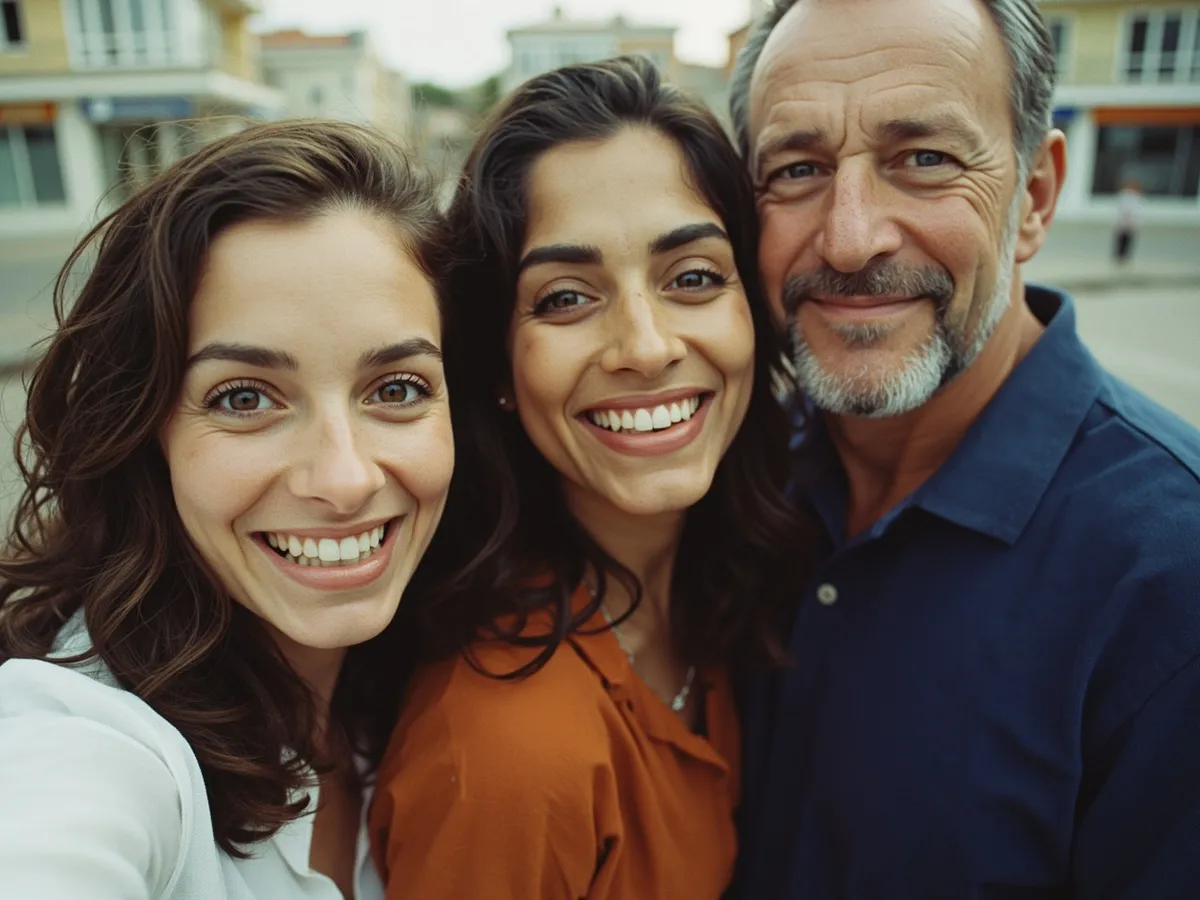 Computer-generated image: three friends laughing together in a group photo on a quest day out