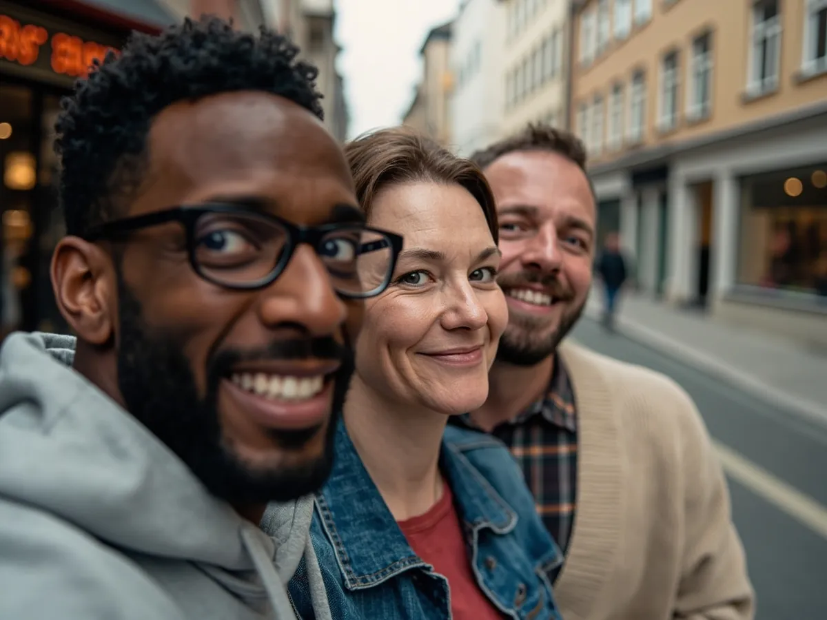 AI-generated illustration: three friends laughing together in a group photo on a quest day out