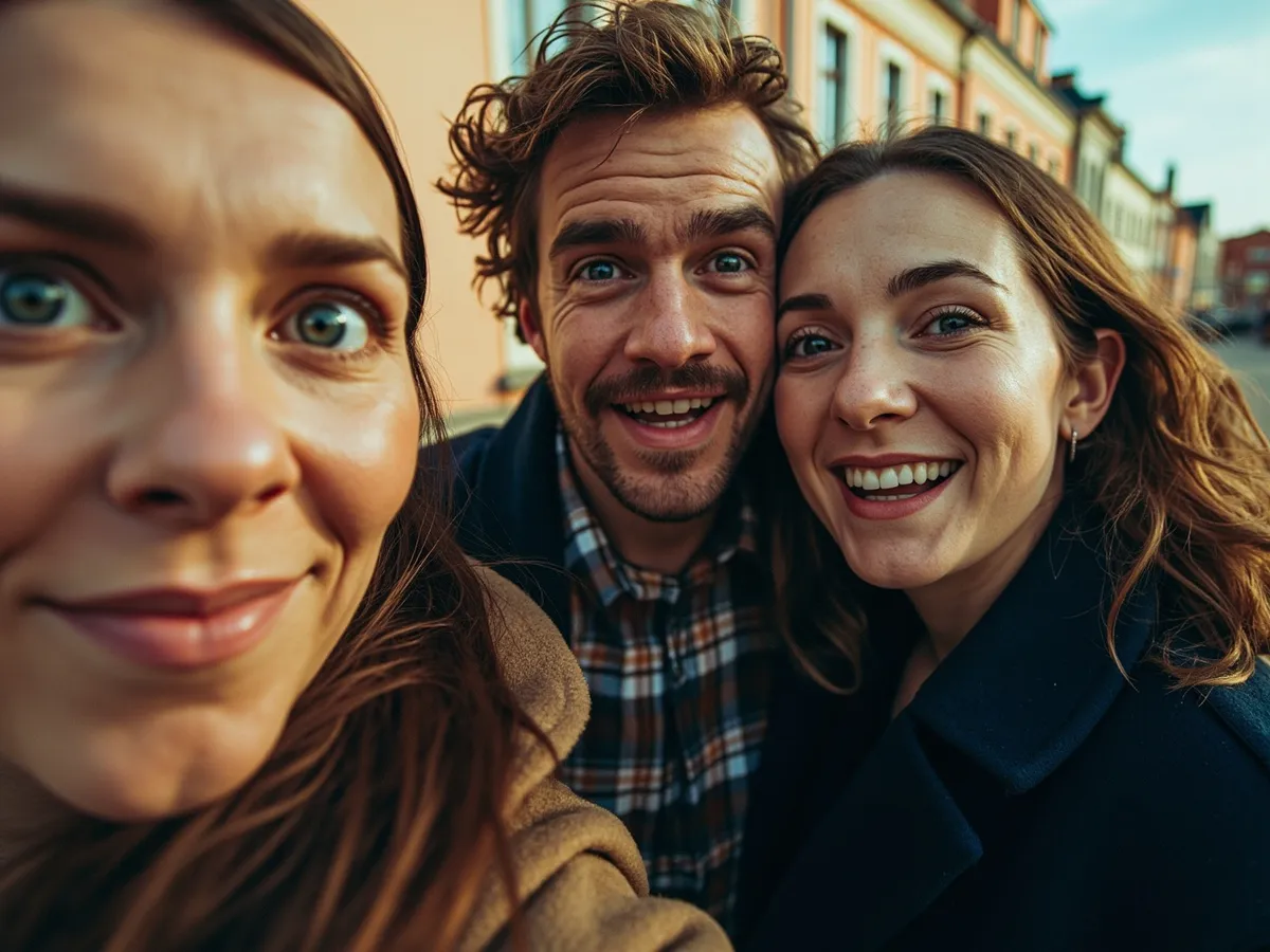 Computer-generated image: three friends laughing together in a group photo on a quest day out