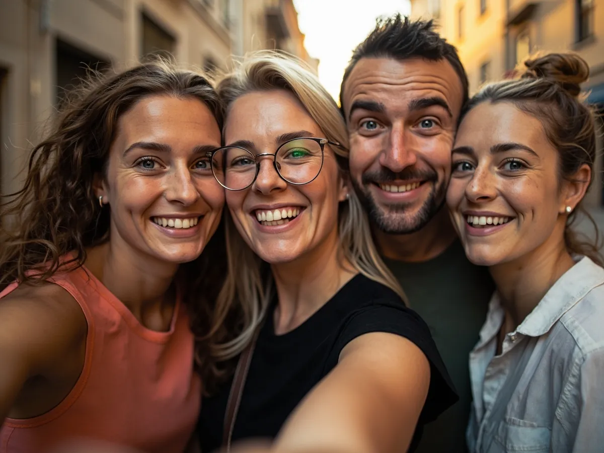 Computer-generated image: four friends laughing together in a group photo on a quest day out