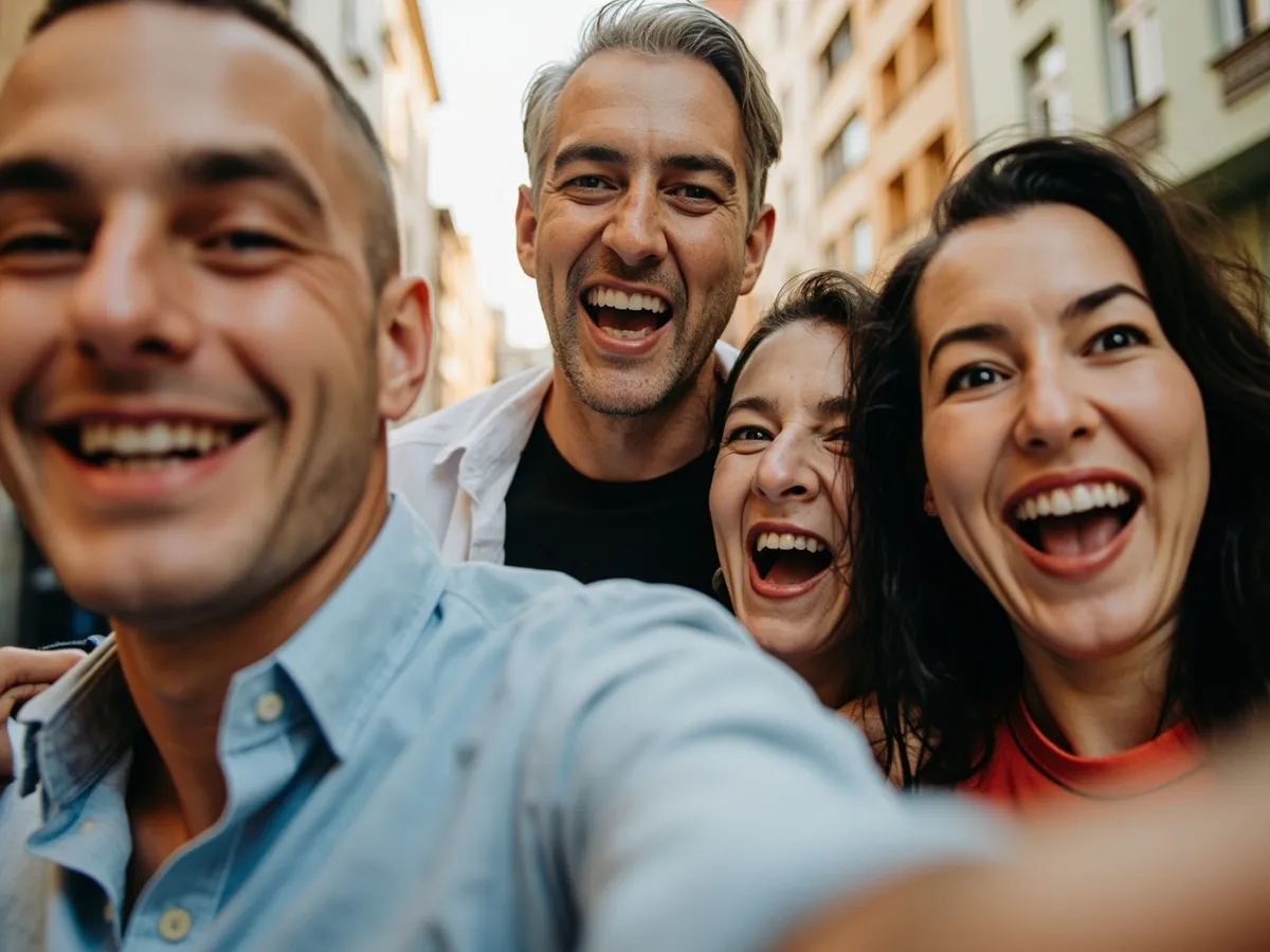 Computer-generated image: four friends laughing together in a group photo on a quest day out