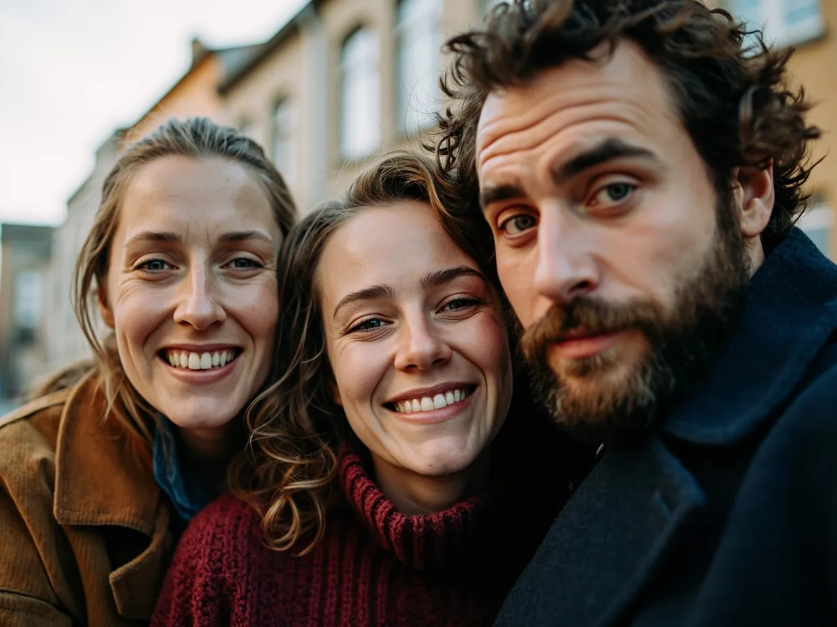 Computer-generated image: three friends laughing together in a group photo on a quest day out