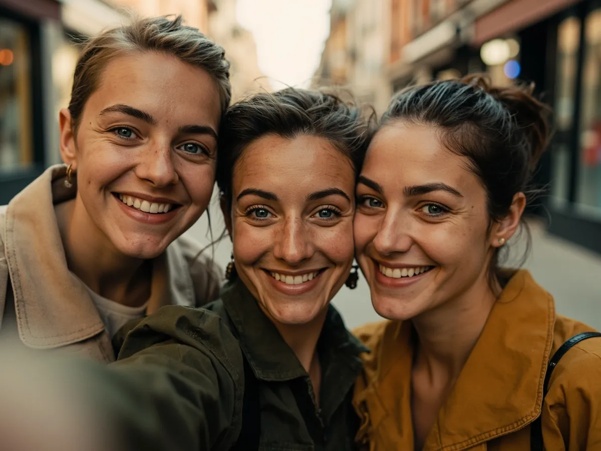Computer-generated image: three friends laughing together in a group photo on a quest day out