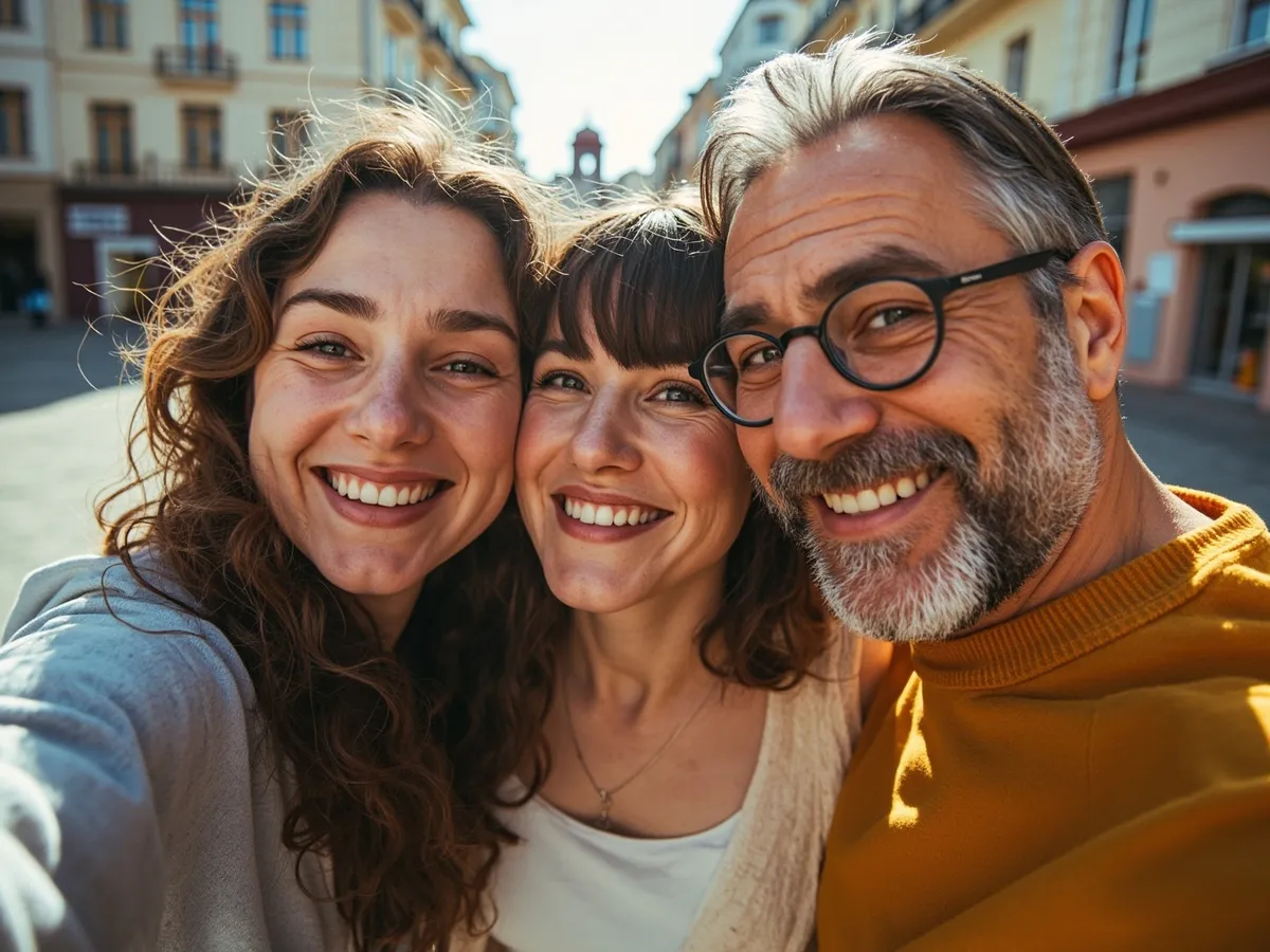 Computer-generated image: three friends laughing together in a group photo on a quest day out