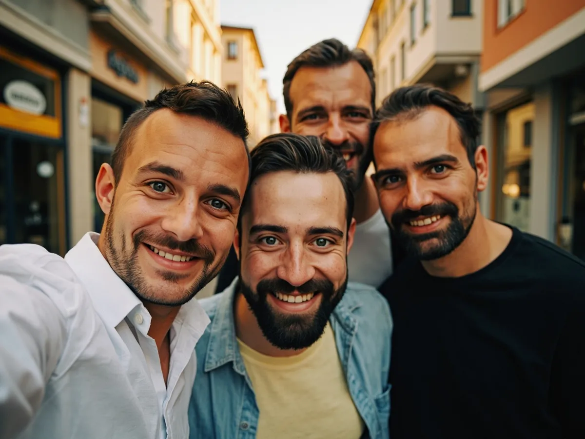 Computer-generated image: four friends laughing together in a group photo on a quest day out