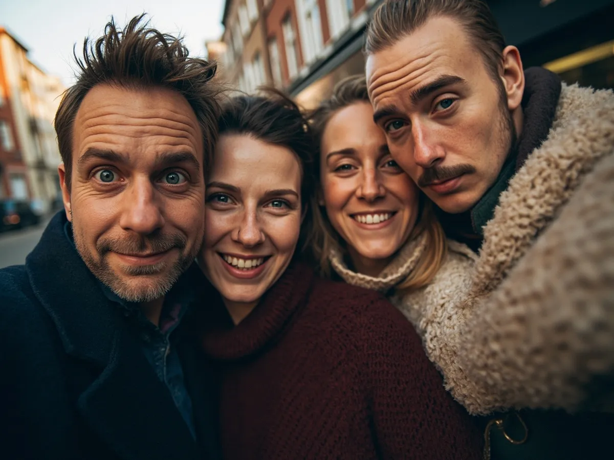 Computer-generated image: four friends laughing together in a group photo on a quest day out
