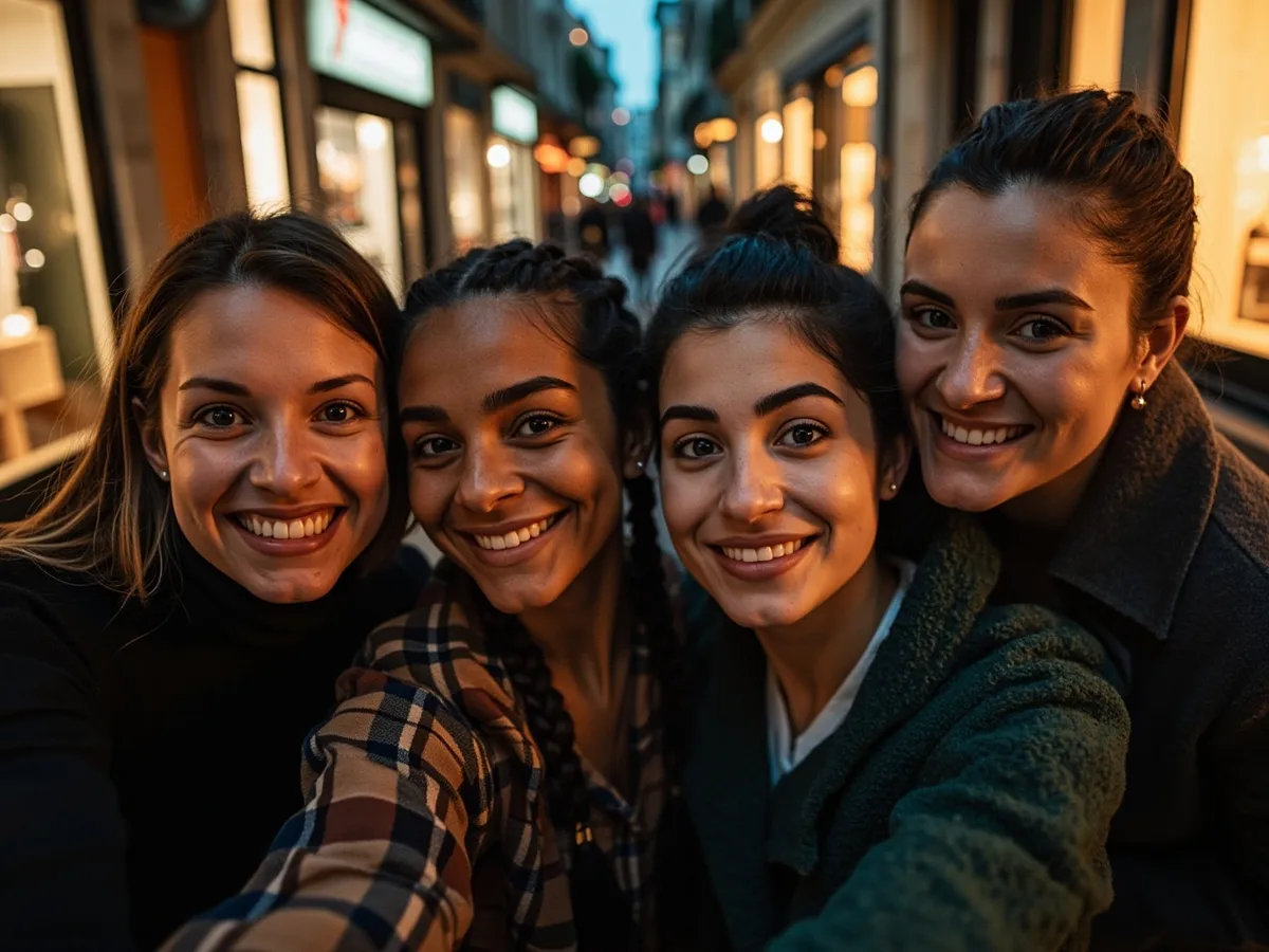 Computer-generated image: four friends laughing together in a group photo on a quest day out