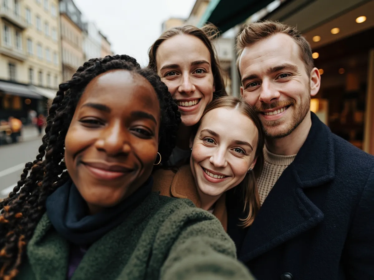 Computer-generated image: four friends laughing together in a group photo on a quest day out