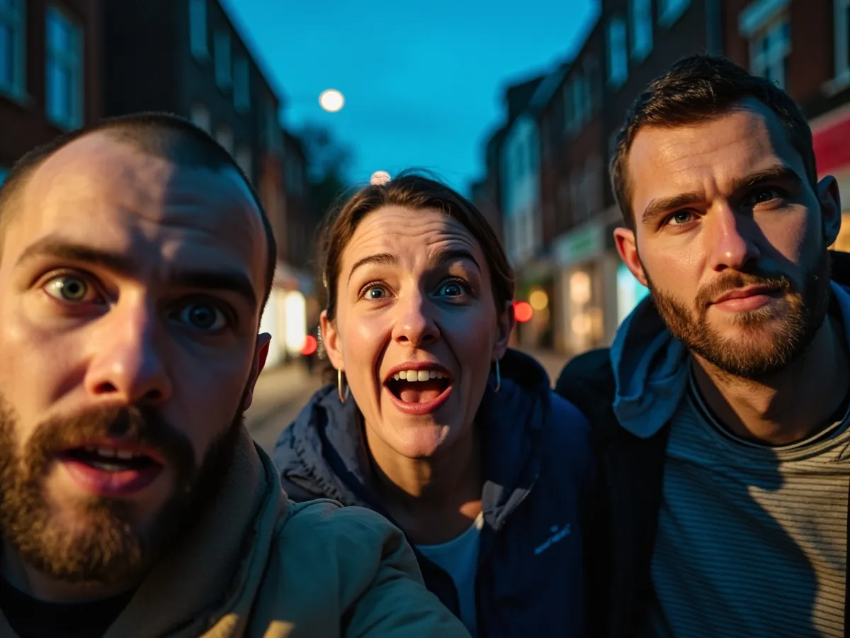 Computer-generated image: three friends laughing together in a group photo on a quest day out