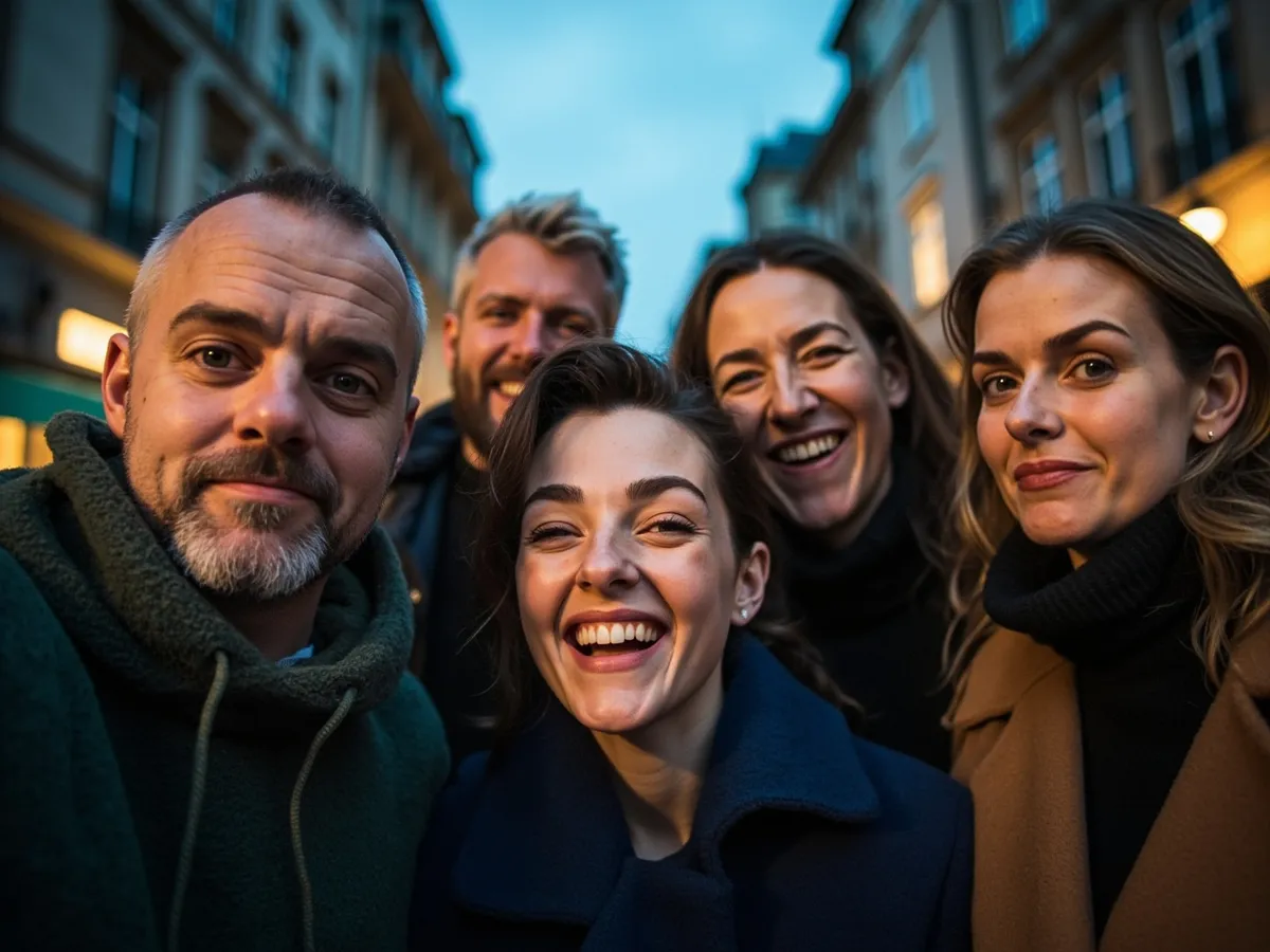 Computer-generated image: four friends laughing together in a group photo on a quest day out