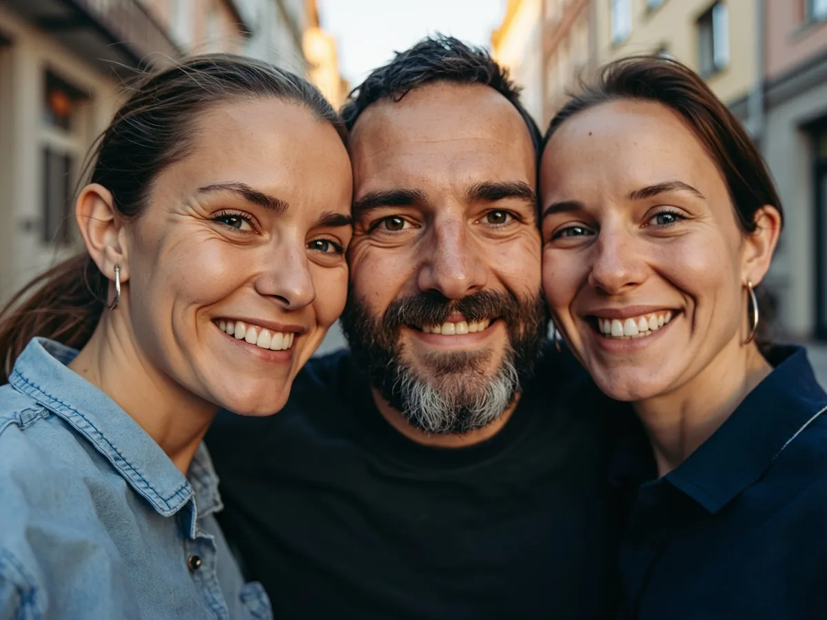 Computer-generated image: three friends laughing together in a group photo on a quest day out