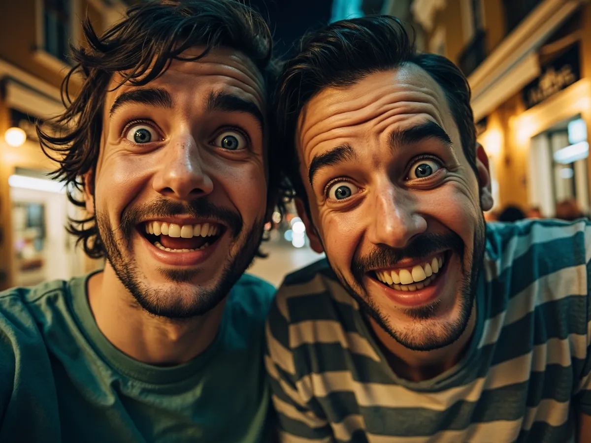 Computer-generated image: two friends laughing together in a group photo on a quest day out