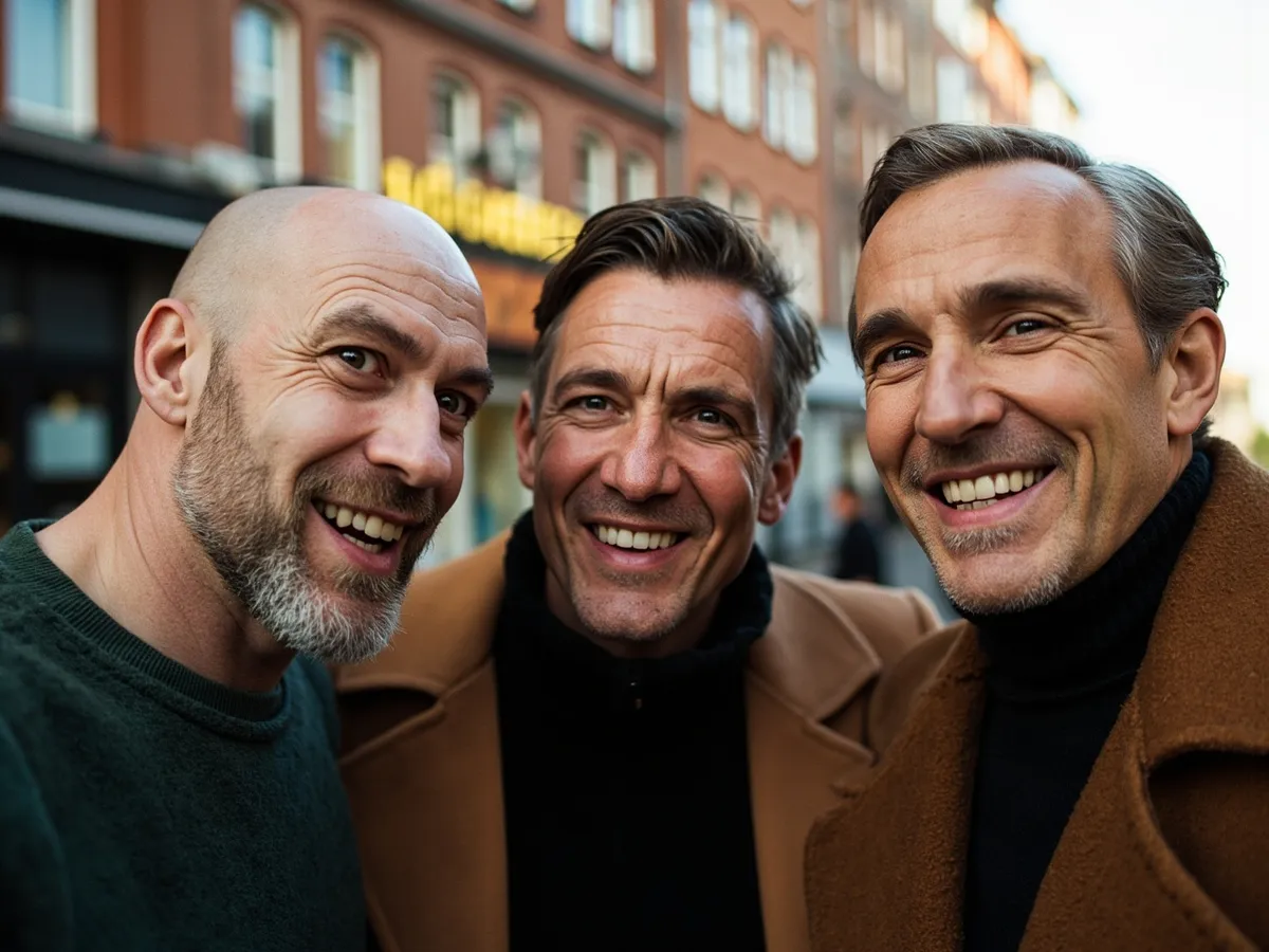 Computer-generated image: three friends laughing together in a group photo on a quest day out