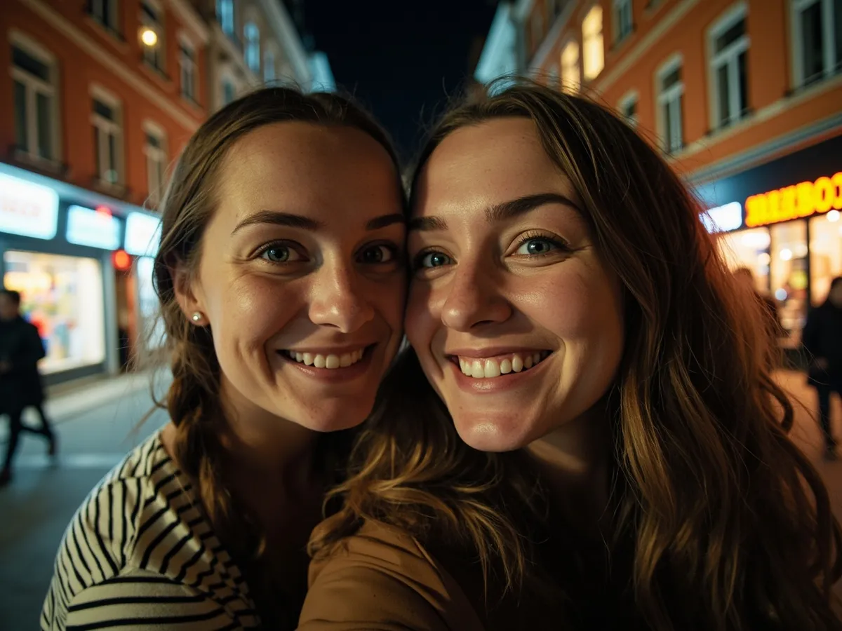 Computer-generated image: two friends laughing together in a group photo on a quest day out