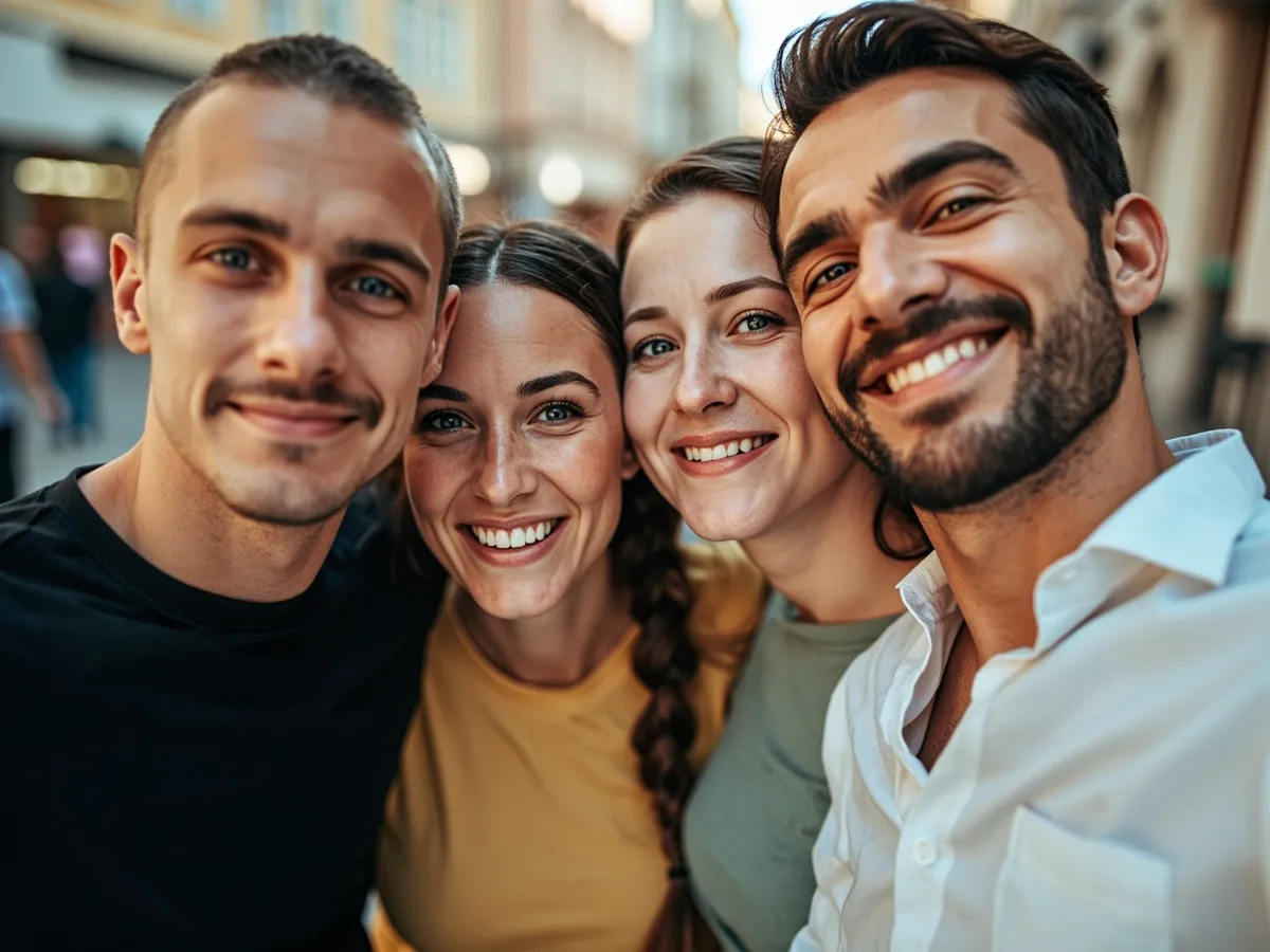 Computer-generated image: four friends laughing together in a group photo on a quest day out