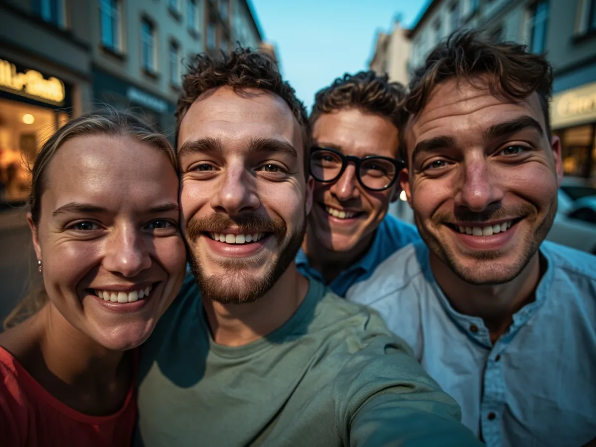 Computer-generated image: four friends laughing together in a group photo on a quest day out