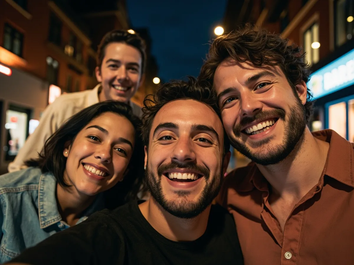 Computer-generated image: four friends laughing together in a group photo on a quest day out