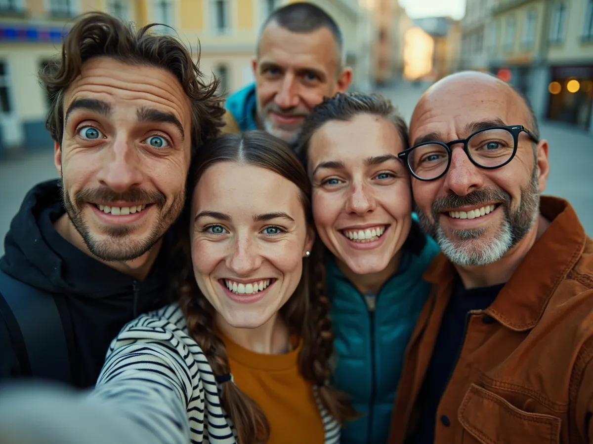 Computer-generated image: four friends laughing together in a group photo on a quest day out