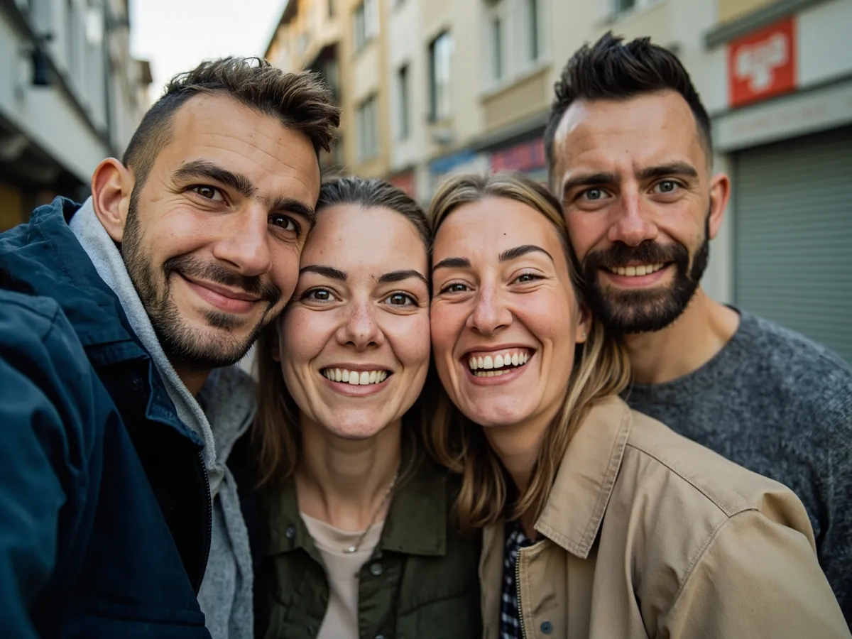 Computer-generated image: four friends laughing together in a group photo on a quest day out