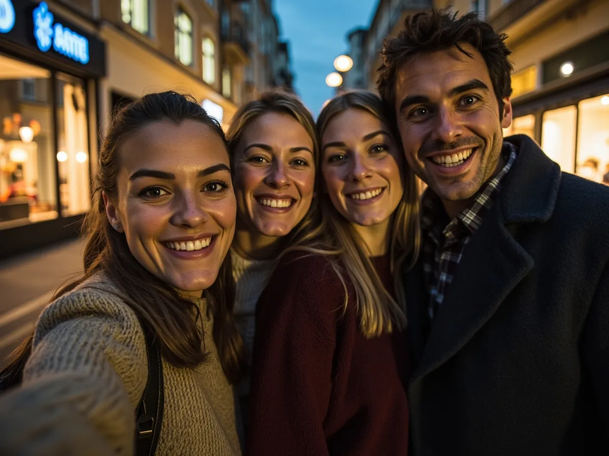 Computer-generated image: four friends laughing together in a group photo on a quest day out