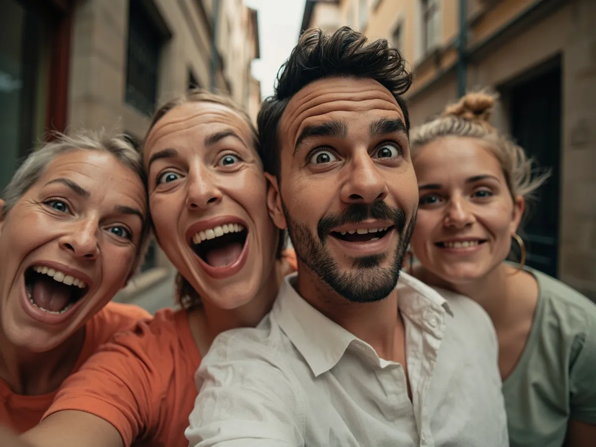 Computer-generated image: four friends laughing together in a group photo on a quest day out