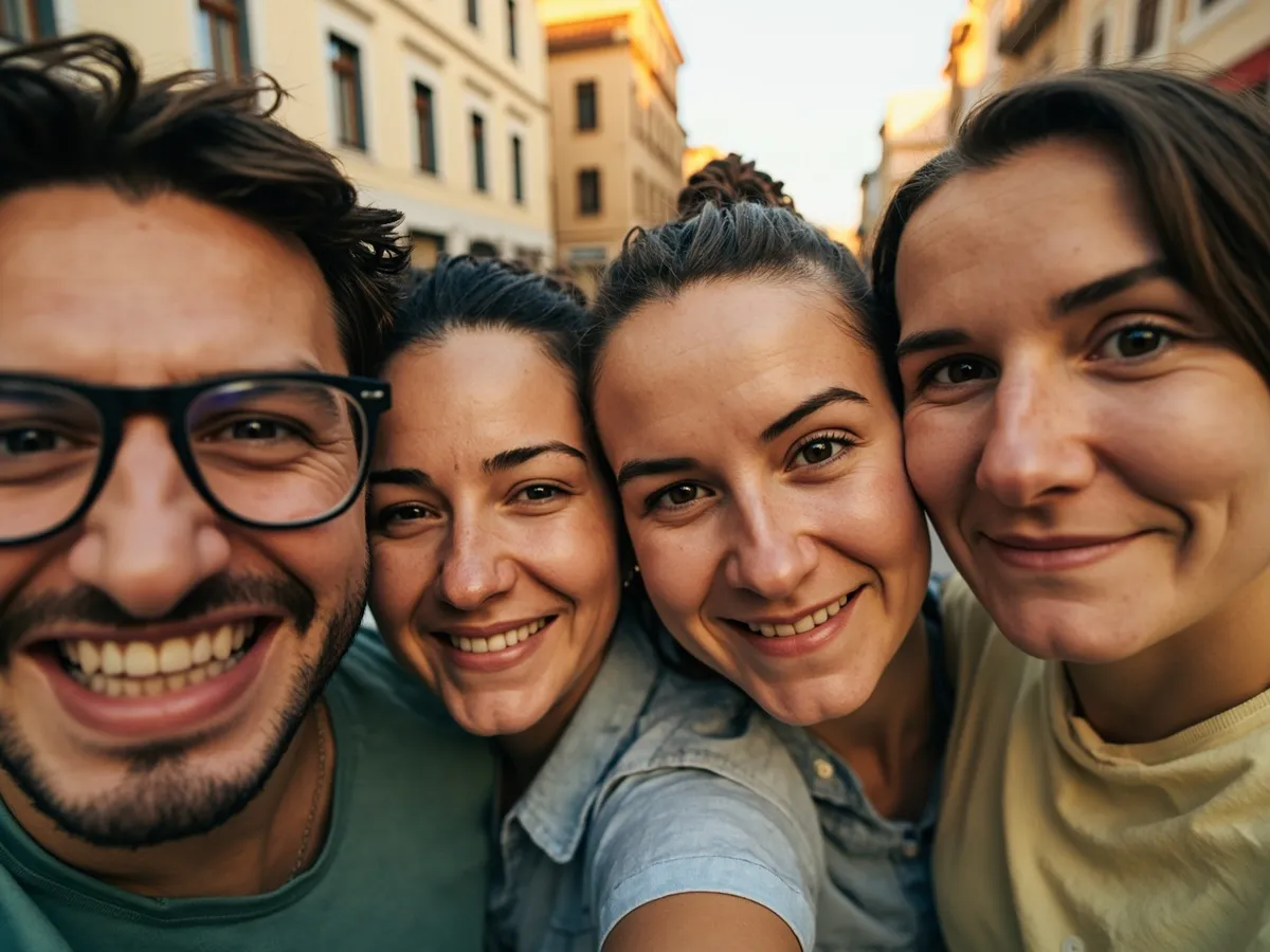 Computer-generated image: four friends laughing together in a group photo on a quest day out