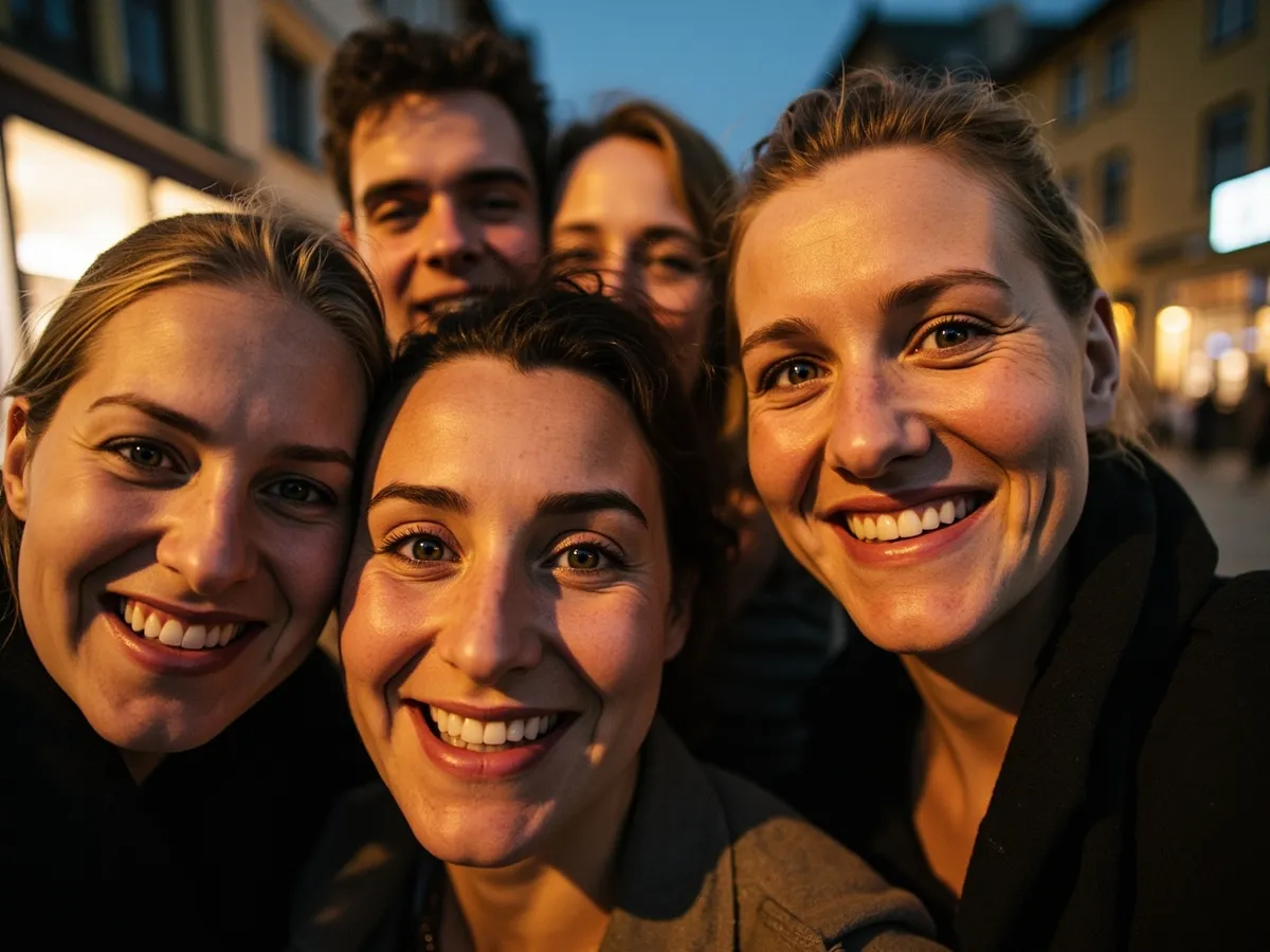 Computer-generated image: four friends laughing together in a group photo on a quest day out