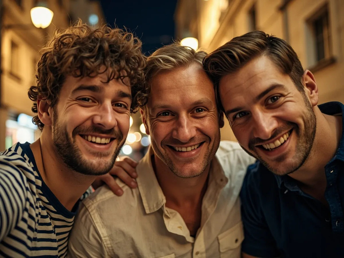 Computer-generated image: three friends laughing together in a group photo on a quest day out