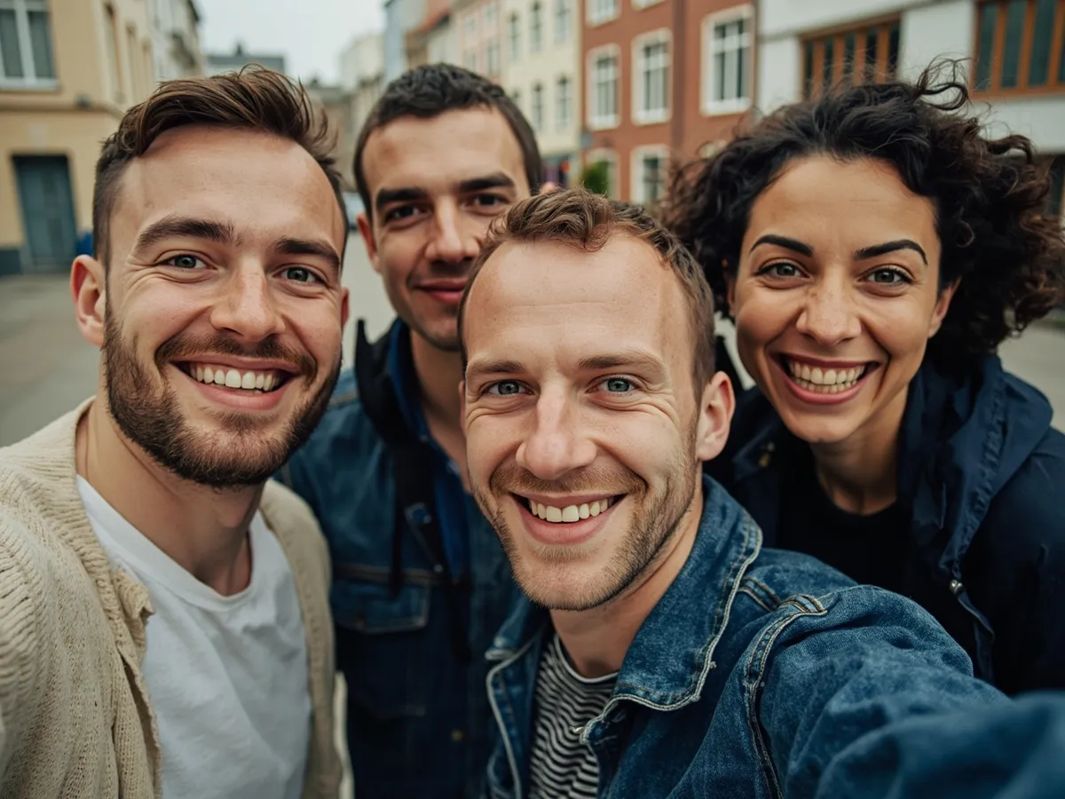 Computer-generated image: four friends laughing together in a group photo on a quest day out