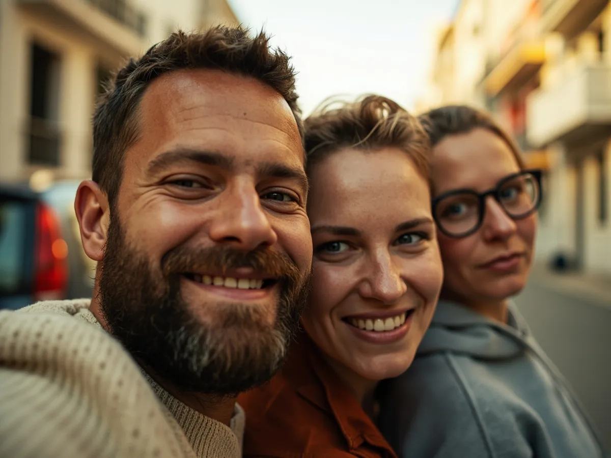 Computer-generated image: three friends laughing together in a group photo on a quest day out