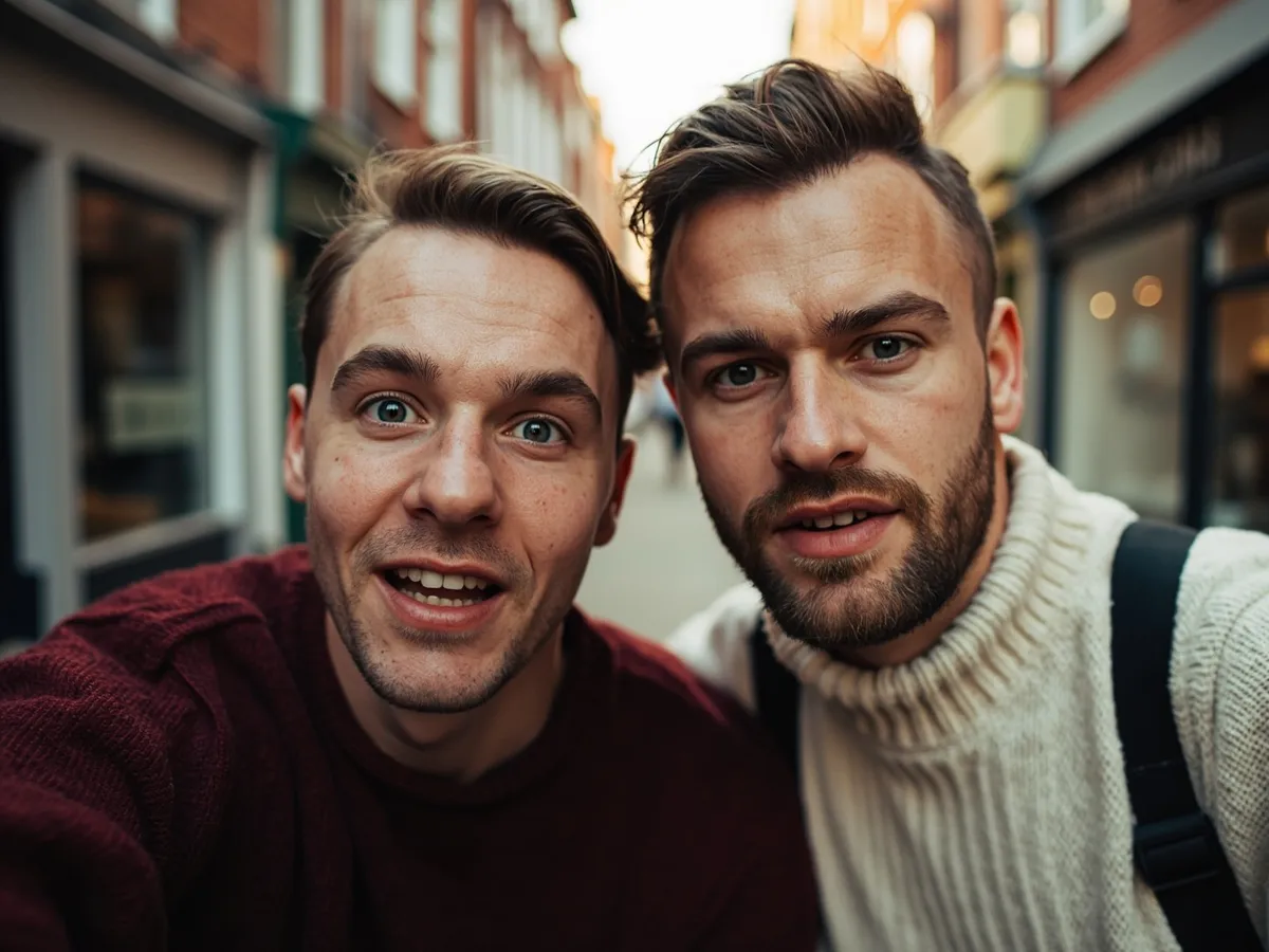 Computer-generated image: two friends laughing together in a group photo on a quest day out