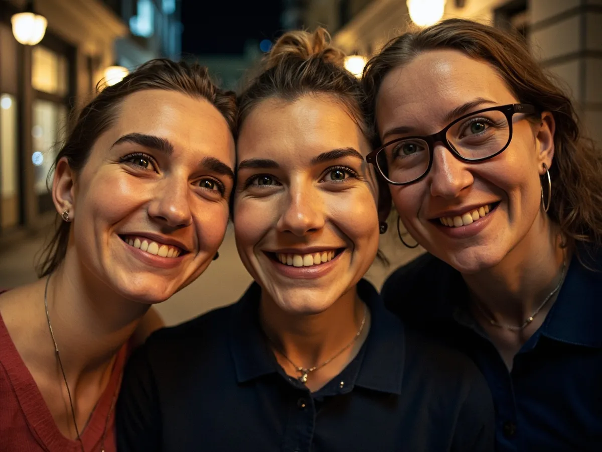 Computer-generated image: three friends laughing together in a group photo on a quest day out