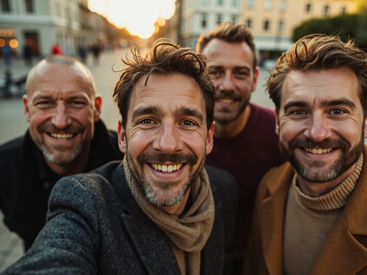 Computer-generated image: four friends laughing together in a group photo on a quest day out