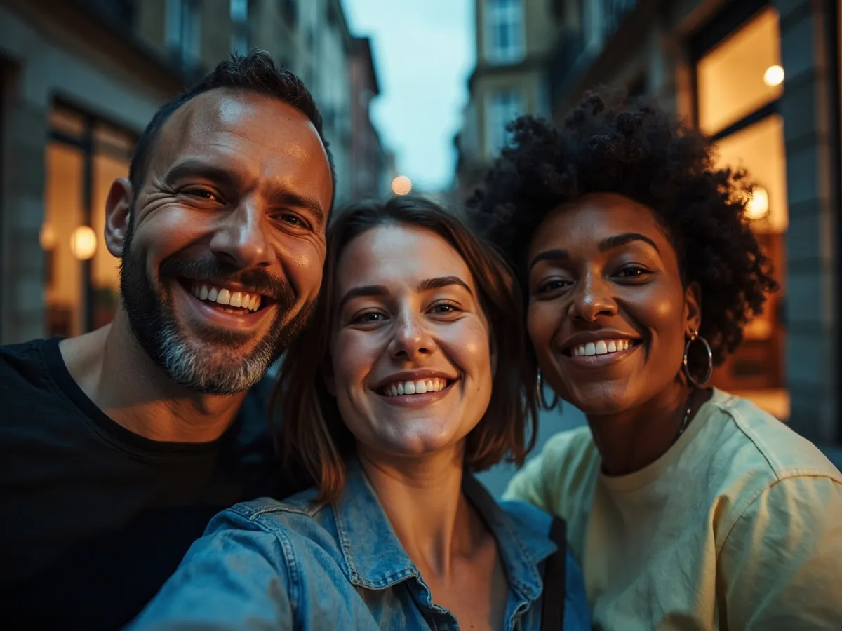 Computer-generated image: three friends laughing together in a group photo on a quest day out