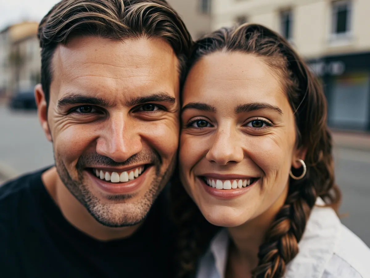 Computer-generated image: two friends laughing together in a group photo on a quest day out