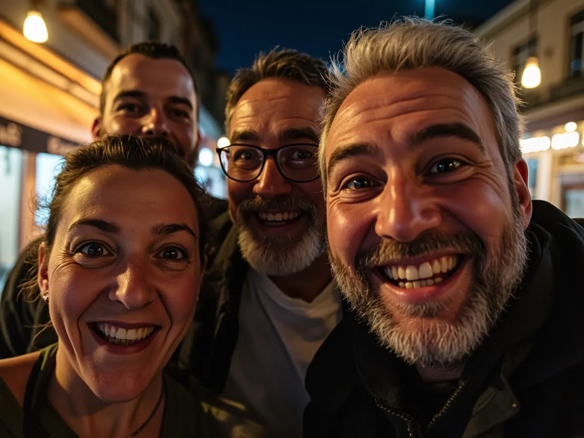 Computer-generated image: four friends laughing together in a group photo on a quest day out