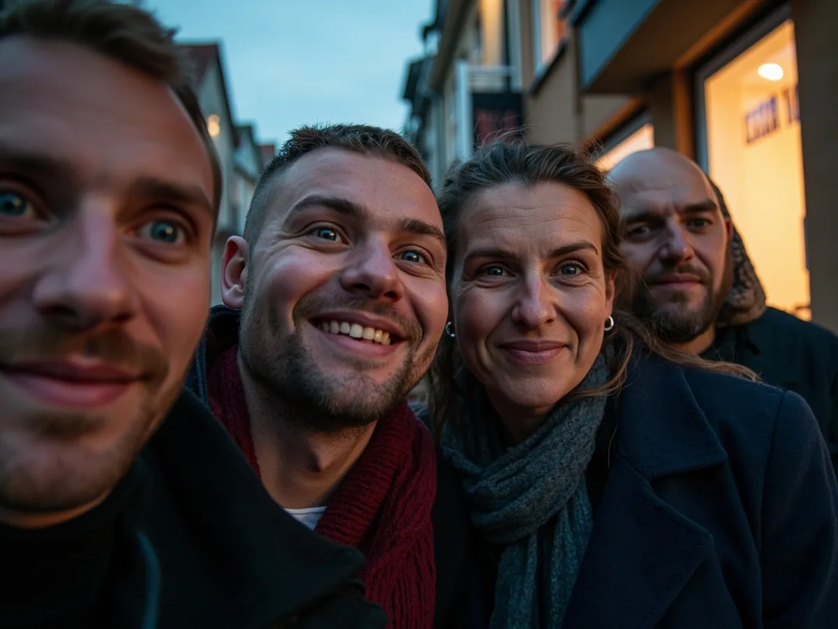 Computer-generated image: four friends laughing together in a group photo on a quest day out