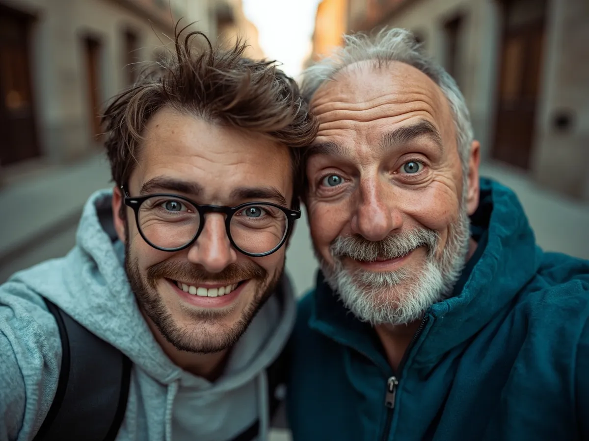 Computer-generated image: two friends laughing together in a group photo on a quest day out