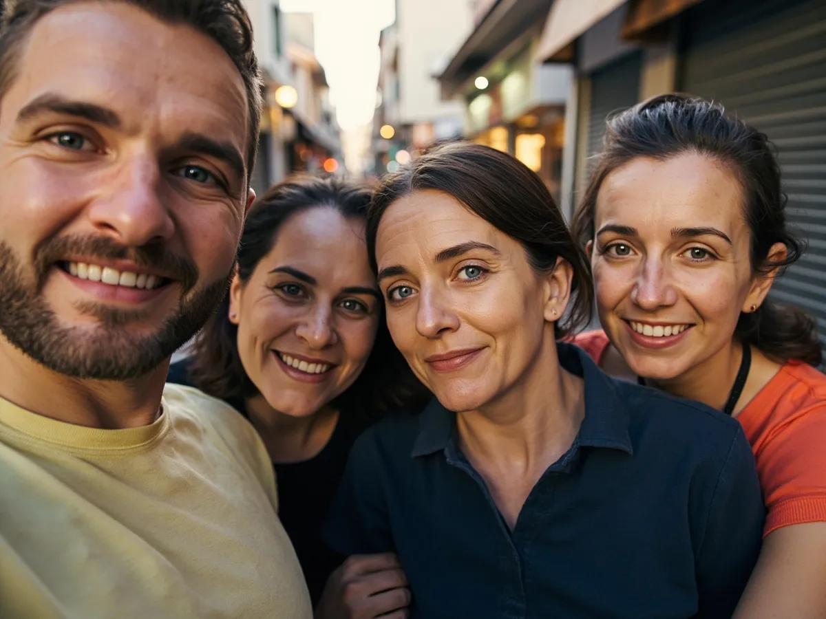 Computer-generated image: four friends laughing together in a group photo on a quest day out