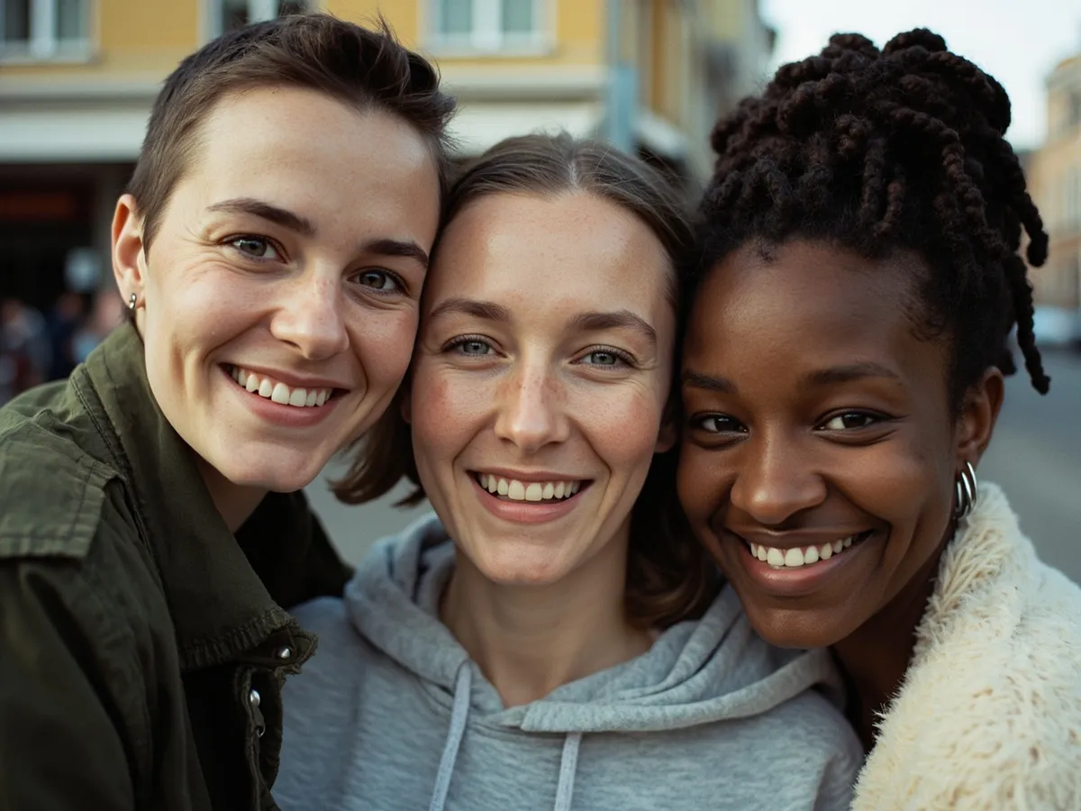Computer-generated image: three friends laughing together in a group photo on a quest day out